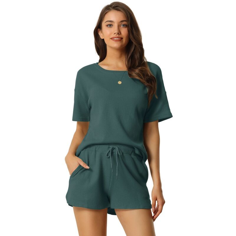 cheibear レディース アンダーウェア ナイトウェア ショートパンツ ニット cheibear Womenshort Sleeve Pullover Top with Shorts Casual Waffle Knit Loungewear Set De