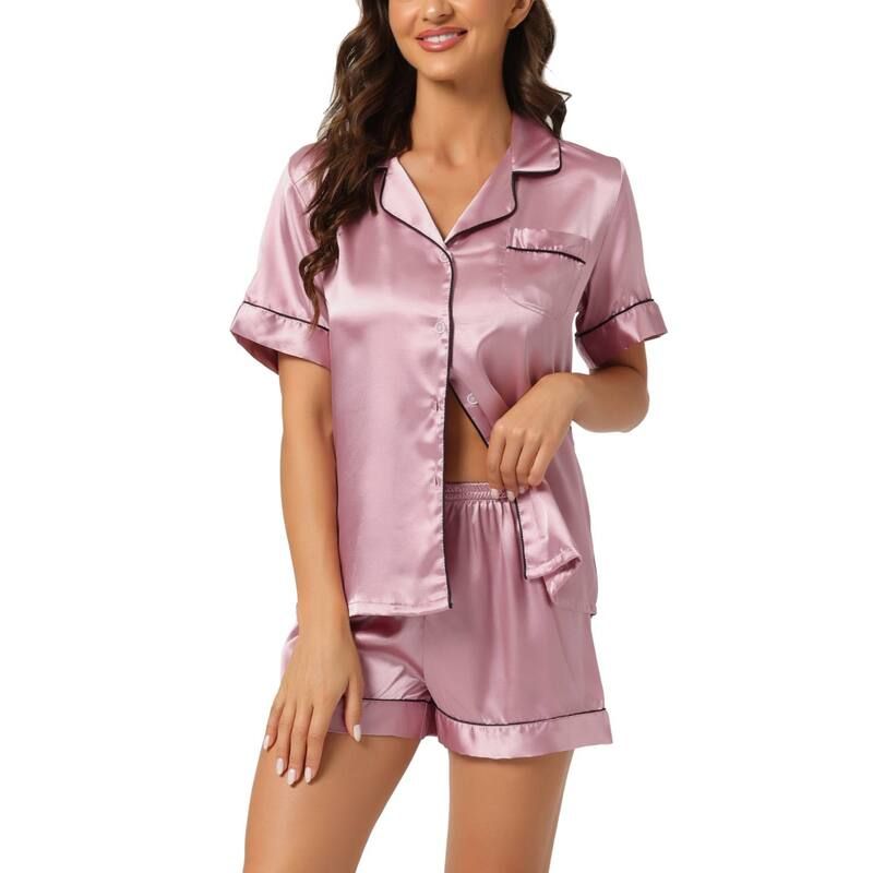 cheibear レディース アンダーウェア ナイトウェア ボタンダウン ショートパンツ サテン ダウン cheibear Womens Pajama Short Sleeves Button Down Top and Shortsatin Sets Pink