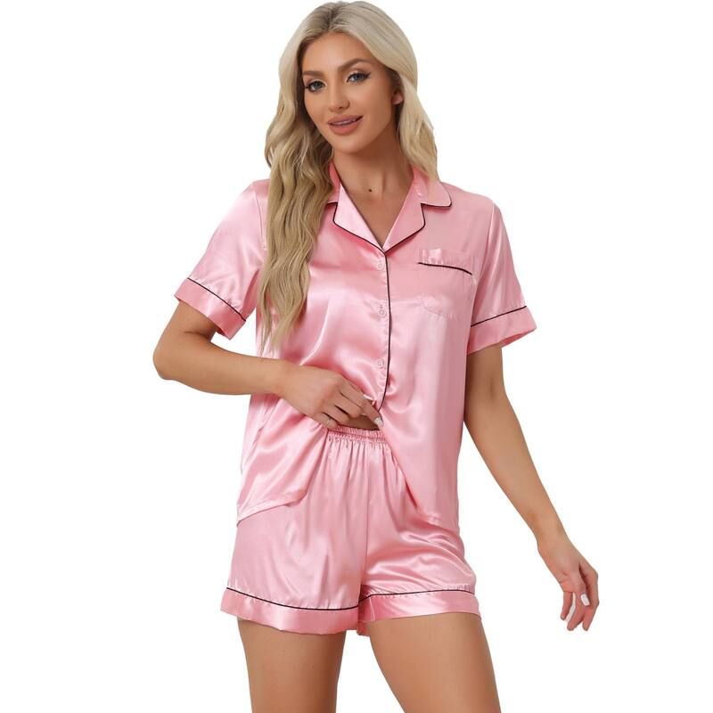 cheibear レディース アンダーウェア ナイトウェア ボタンダウン ショートパンツ サテン ダウン cheibear Womens Pajama Short Sleeves Button Down Top and Shortsatin Sets Brig