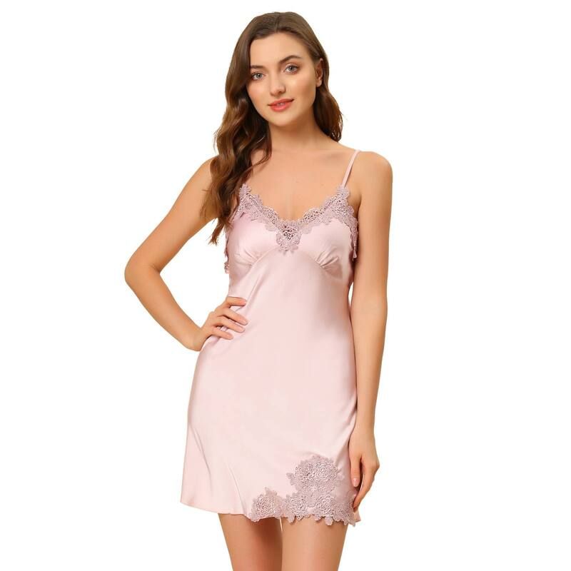 アレグラ ケー レディース アンダーウェア ナイトウェア サテン ALLEGRA K Womensatin Pajama Nightgown Lingerie Dress Pink ピンク
