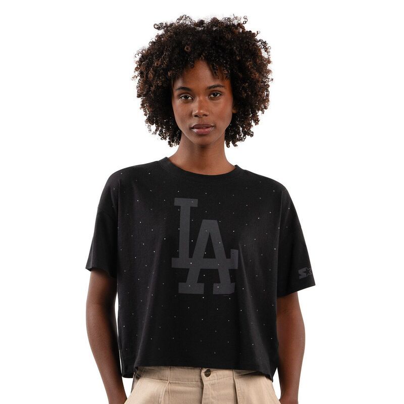 スターター レディース トップス Tシャツ クロップド Womenstarter Black Los Angeles Dodgers Rhinestone Sprinkle Boxy Cropped TShirt Lad Black ブラック