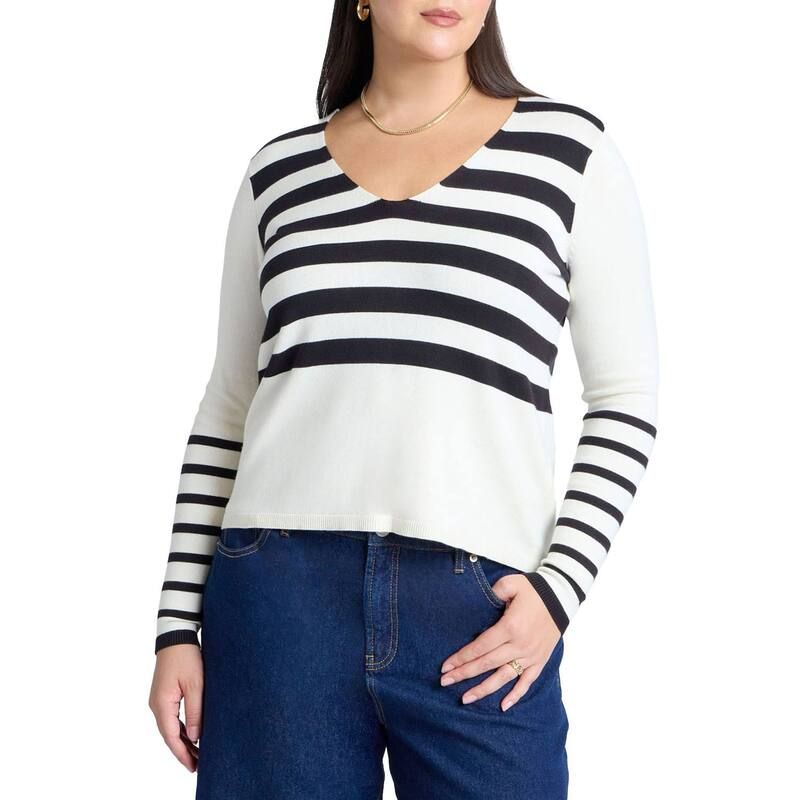 エロクイ レディース アウター ニット・セーター プラスサイズ ELOQUII Womens Plusize Abstract Striped Sweater Black White Stripe ホワイト