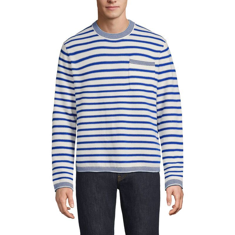 ランズエンド メンズ アウター ニット・セーター クルーネック コットン Mens Lands End Long Sleeve Textured Cotton Crewneck Sweater Ivory Lapistripe アイボリー