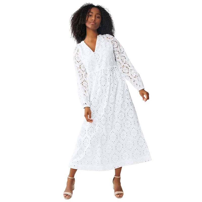 Ellos レディース トップス ワンピース プラスサイズ ミディ ellos Plusizeyelet Midi Dress With Blouson Sleeves White ホワイト