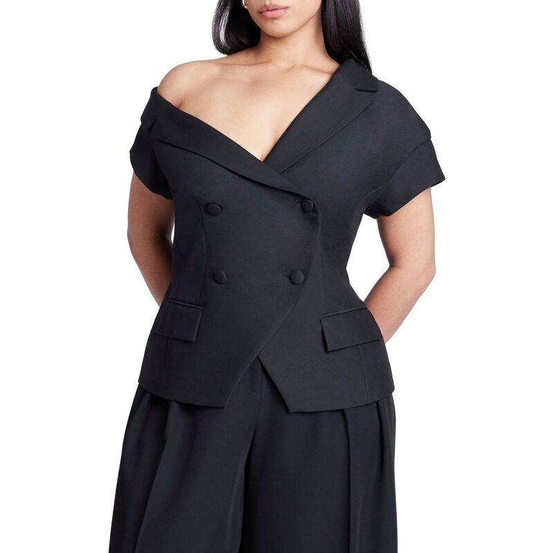 エロクイ レディース アウター ジャケット・ブルゾン プラスサイズ ブレザー ELOQUII Womens Plusize Asym Neckline Short Sleeve Blazer Black Onyx ブラック