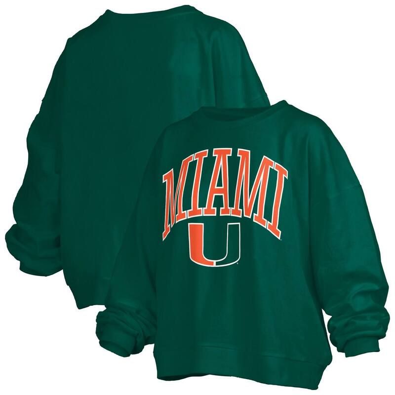 プレスボックス レディース トップス Tシャツ スウェット ロゴ Womens Pressbox Green Miami Hurricanes Janise Arch Over Logo Waist Length Oversized Pullover Swea