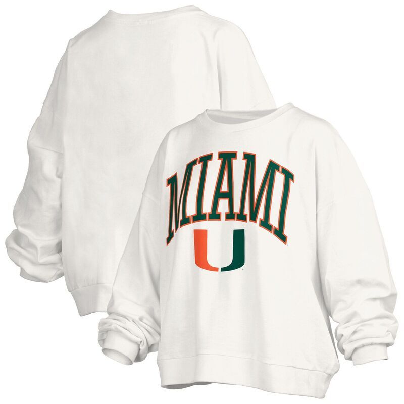 プレスボックス レディース トップス Tシャツ スウェット ロゴ Womens Pressbox White Miami Hurricanes Janise Arch Over Logo Waist Length Oversized Pullover Swea