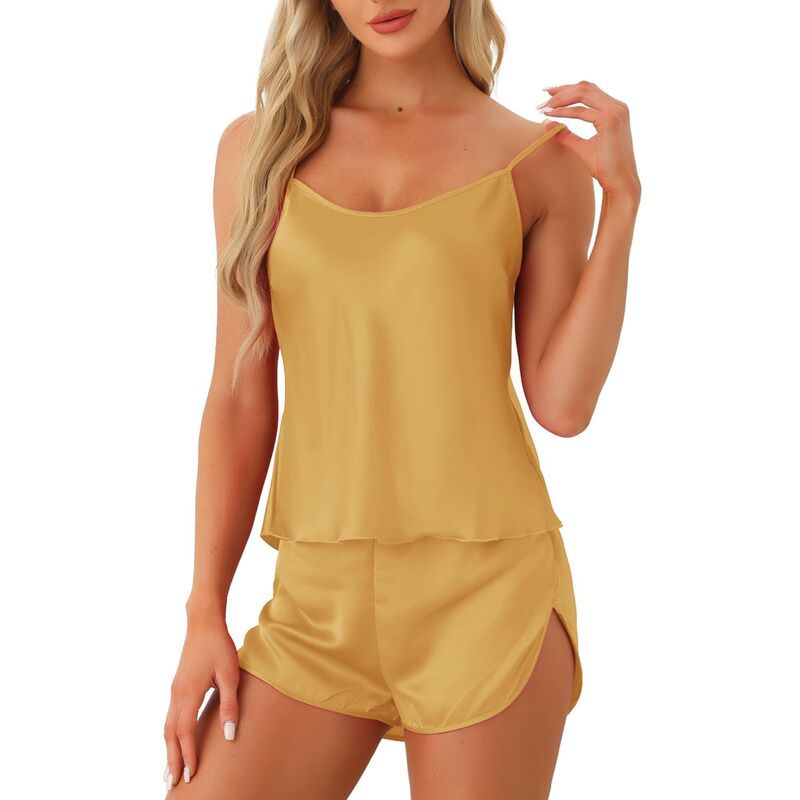 cheibear レディース アンダーウェア ナイトウェア ショートパンツ サテン シルク cheibear Womensilky Satin Pajamasets Cami Shortsetsleepwear 2 Piece Gold ゴールド