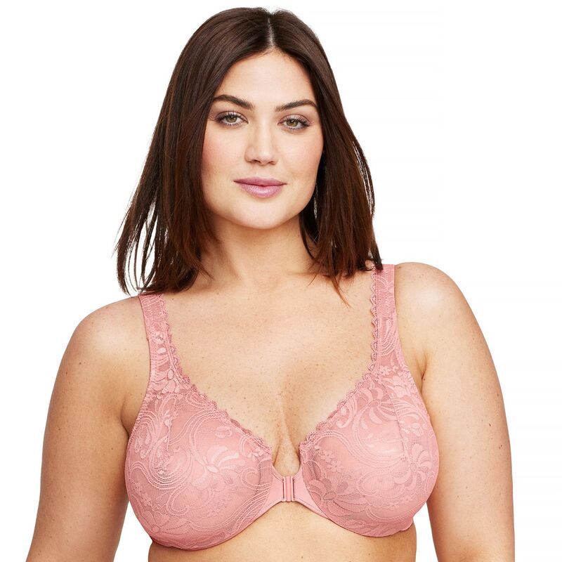 グラマライズ レディース アンダーウェア ブラジャー プラスサイズ レース Plusize Glamorise FullFigure Wonderwire FrontClose Stretch Lace Bra 9245 Brandied Apricot アプ
