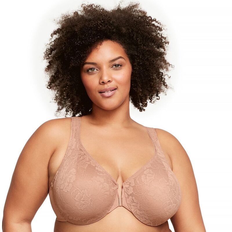 グラマライズ レディース アンダーウェア ブラジャー レース Glamorise FullFigure Wonderwire Front Close Stretch Lace Bra 9246 Cafe Au Lait