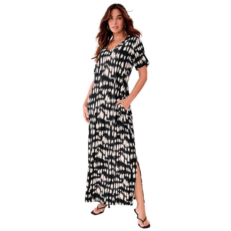 ロアマンズ レディース トップス ワンピース プラスサイズ マキシ Roamans Womens Plusize SideSlit Maxi Dress Black Ikat Print ブラック