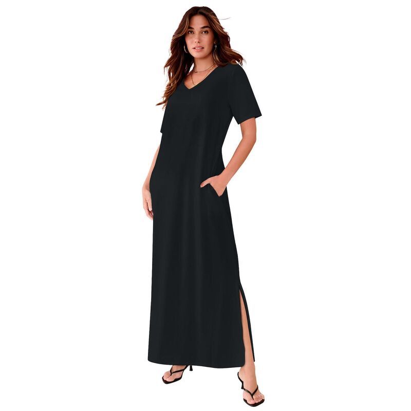 ロアマンズ レディース トップス ワンピース プラスサイズ マキシ Roamans Womens Plusize SideSlit Maxi Dress Black ブラック