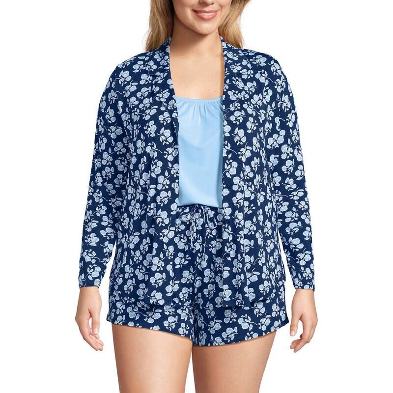 ランズエンド レディース アンダーウェア ナイトウェア プラスサイズ ショートパンツ Plusize Lands End 3pc Pajama Set Long Sleeve Top Cami Pajama Shorts Deep Sea Navy Bloom