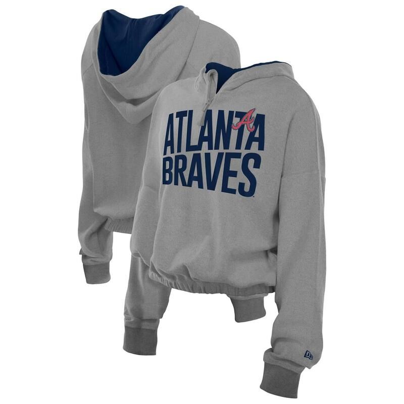 ニューエラ レディース トップス Tシャツ パイル パーカー Womens New Era Heather Gray Atlanta Braves Reversed Out French Terry QuarterZip Banded Crop Hoodie