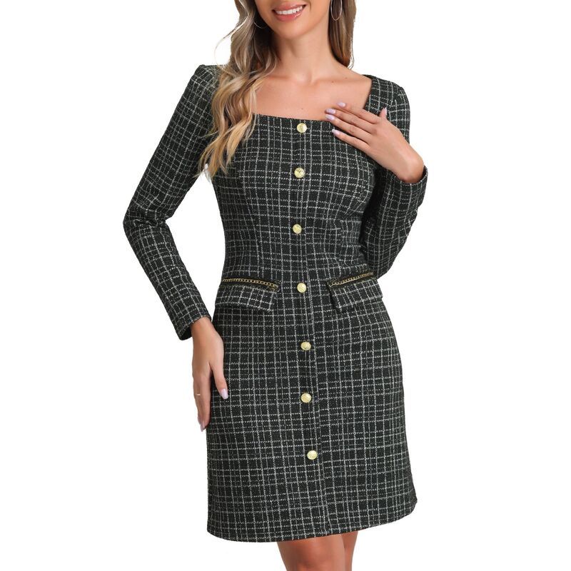 アレグラ ケー レディース トップス ワンピース ツイード ALLEGRA K Womens Tweedress With Long Sleeves And Square Neckline Black ブラック