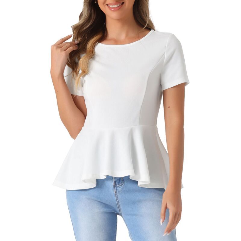 アレグラ ケー レディース トップス Tシャツ ブラウス ALLEGRA K Womenshort Sleeve Round Neck Stretch Business Classic Peplum Blouse Top White ホワイト