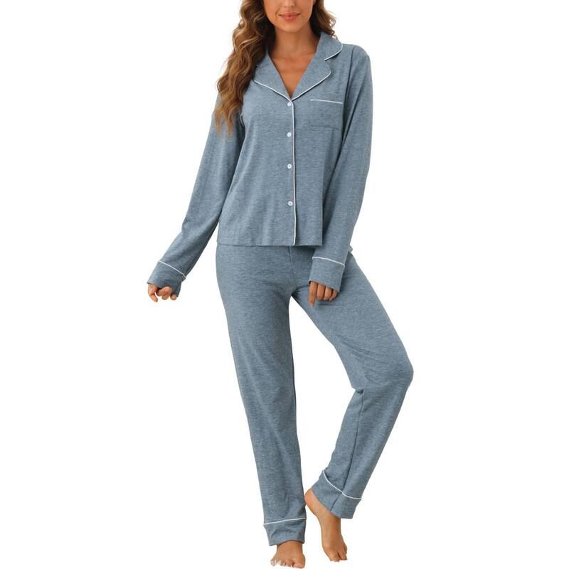 cheibear レディース アンダーウェア ナイトウェア ボタンダウン cheibear Womens Pajama Sets Long Sleeve Button Down Sleepwear Nightwear Casual Pjs Lounge Set