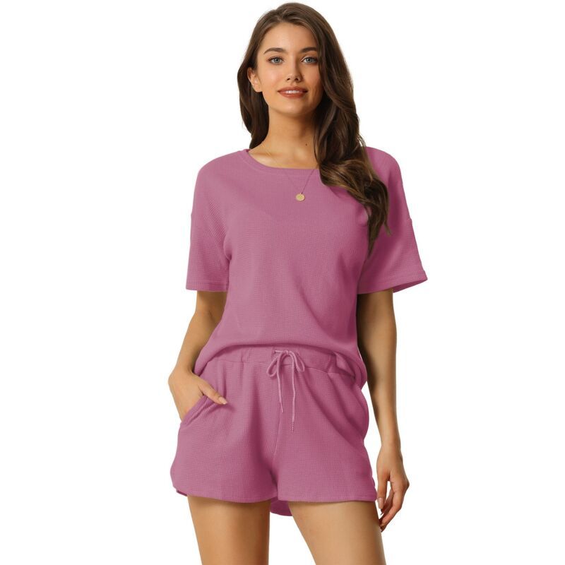 cheibear レディース アンダーウェア ナイトウェア ショートパンツ ニット cheibear Womenshort Sleeve Pullover Top with Shorts Casual Waffle Knit Loungewear Set Ro