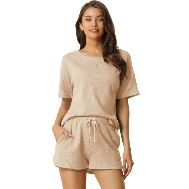 cheibear レディース アンダーウェア ナイトウェア ショートパンツ ニット cheibear Womenshort Sleeve Pullover Top with Shorts Casual Waffle Knit Loungewear Set Ap