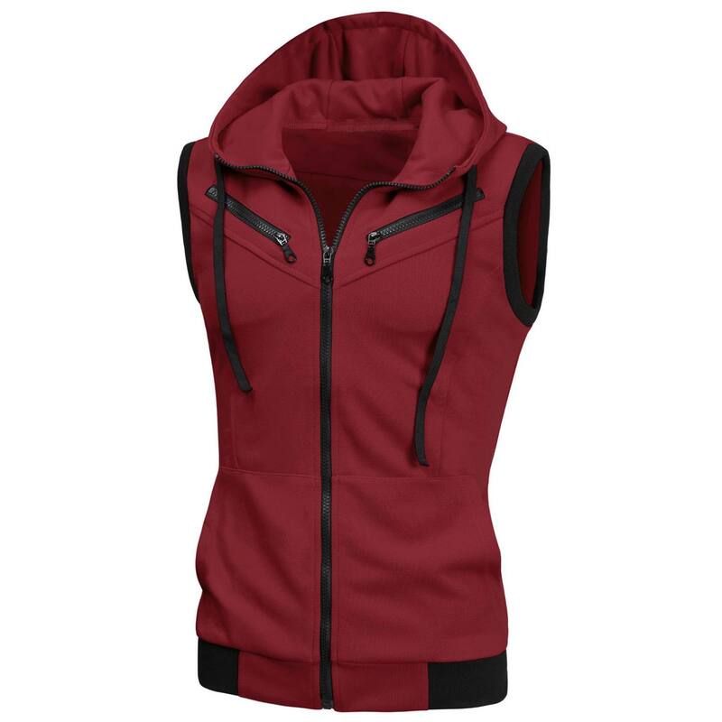Lars Amadeus メンズ アウター ジャケット・ブルゾン ベスト パーカー Lars Amadeus Mens Kangaroo Pocket Zip up Drawstring Hoodie Vest Burgundy バーガンディ
