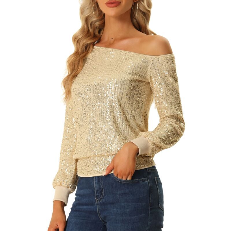 アレグラ ケー レディース トップス Tシャツ スパンコール ALLEGRA K One Shoulder Sequin Tops for Womens Long Sleeve Holiday Party Sparkly Top Gold ゴールド