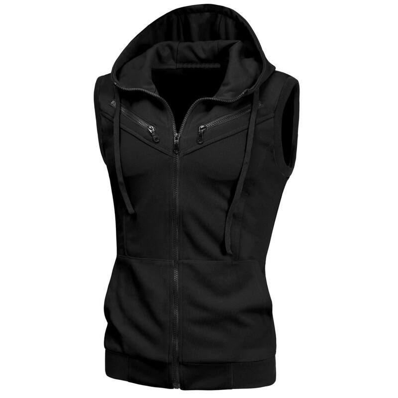 Lars Amadeus メンズ アウター ジャケット・ブルゾン ベスト パーカー Lars Amadeus Mens Kangaroo Pocket Zip up Drawstring Hoodie Vest Black ブラック