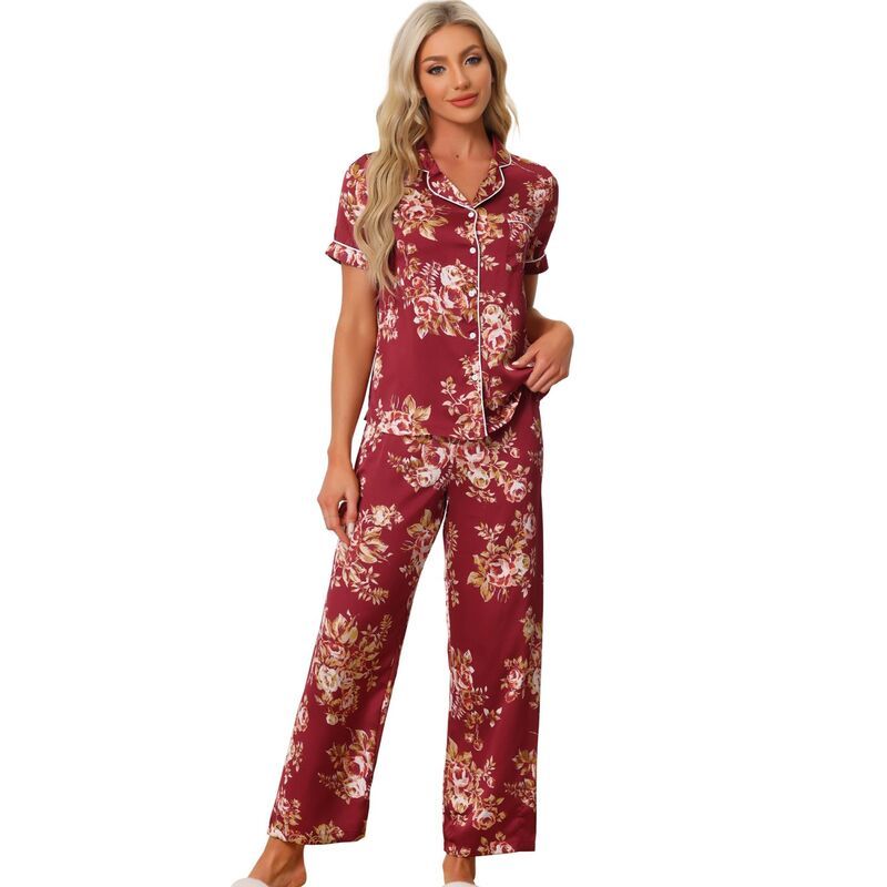 cheibear レディース アンダーウェア ナイトウェア フラワー柄 パンツ サテン シルク フラワー cheibear Womensilk Floral Satin Short Sleeves Top and Pants Pajama Set Wine R