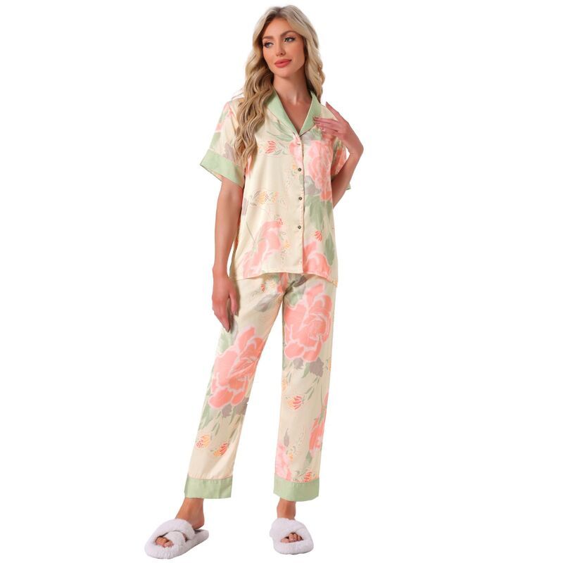 cheibear レディース アンダーウェア ナイトウェア フラワー柄 パンツ サテン シルク フラワー cheibear Womensilk Floral Satin Short Sleeves Top and Pants Pajama Set Pink ピ 10,570円