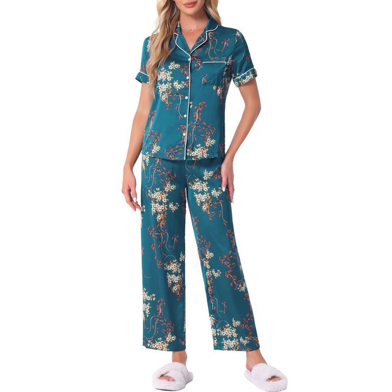 cheibear レディース アンダーウェア ナイトウェア フラワー柄 パンツ サテン シルク フラワー cheibear Womensilk Floral Satin Short Sleeves Top and Pants Pajama Set Bright