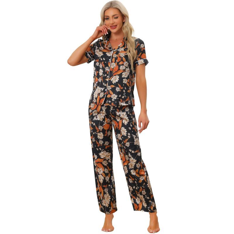cheibear レディース アンダーウェア ナイトウェア フラワー柄 パンツ サテン シルク フラワー cheibear Womensilk Floral Satin Short Sleeves Top and Pants Pajama Set Black