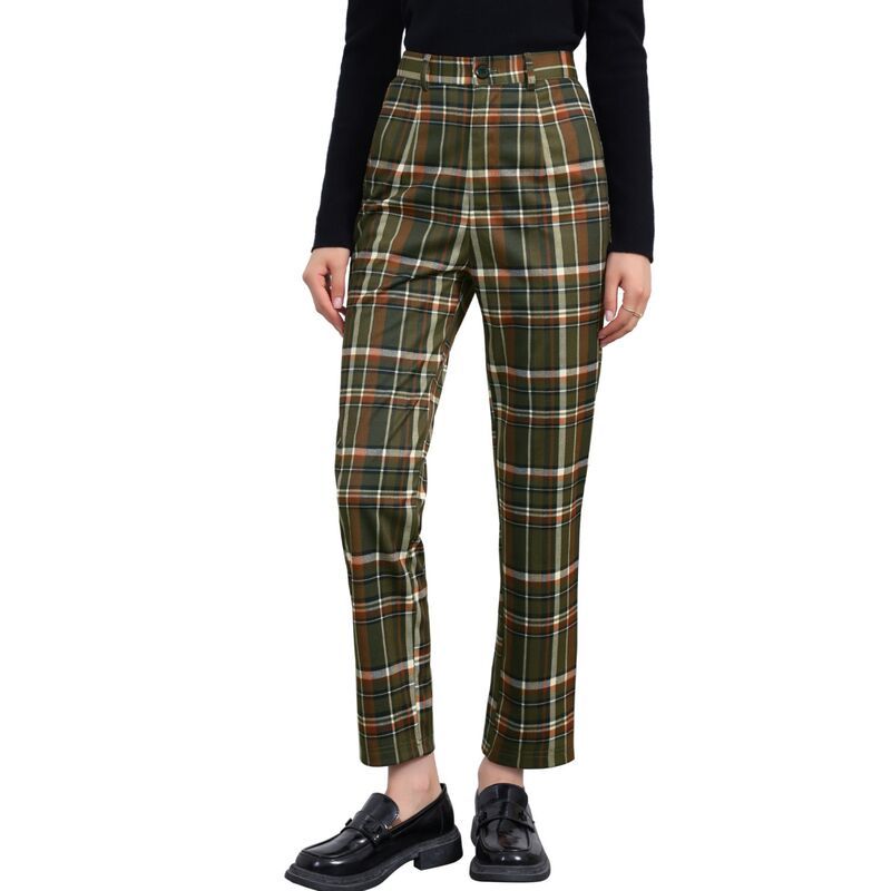 アレグラ ケー レディース ボトムス カジュアルパンツ ハイウエスト ALLEGRA K Womens Casual Plaid Pants Elastic High Waist Work Trousers Army Green グリーン