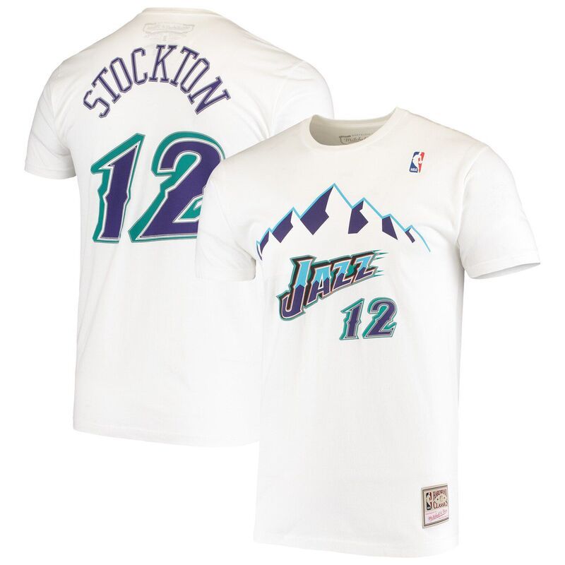 アンブランデッド メンズ トップス Tシャツ Unbranded Mens Mitchell Ness John Stockton White Utah Jazz Hardwood Classicstitch Name Number TShirt Jaz Wh