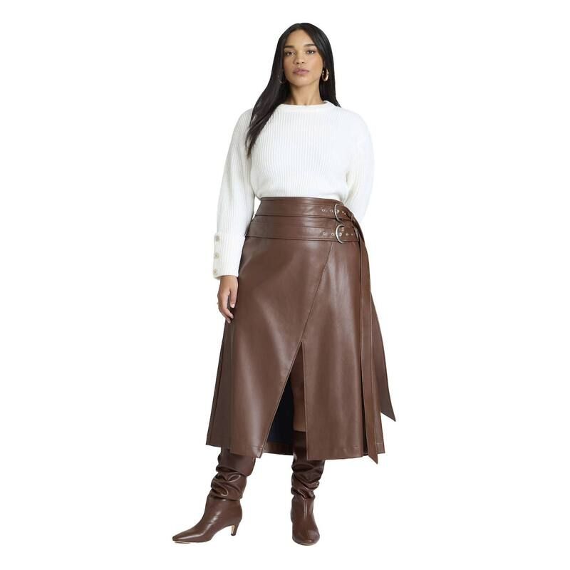 エロクイ レディース ボトムスカート プラスサイズ レザー フェイクレザー ELOQUII Womens Plusize Double Belt Wrap Faux Leather Skirt Rocky Road