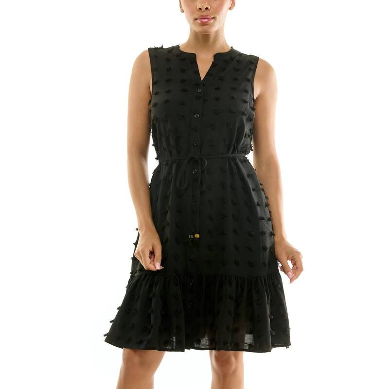 ニナレオナルド レディース トップス ワンピース フリル裾 フリル Womens Nina Leonard Mandarin Collar Dress ButtonFront Ruffle Hem Dress Black ブラック