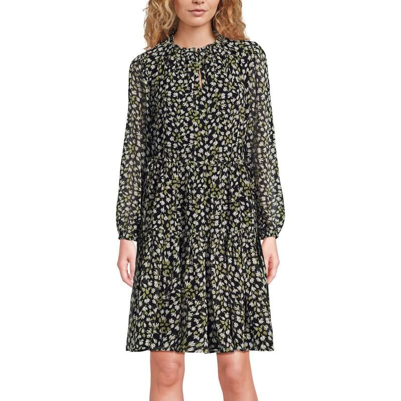 ランズエンド レディース トップス ワンピース シフォン Womens Lands End Chiffon Above the Knee Adjustable Dress Black Bloom Floral ブラック