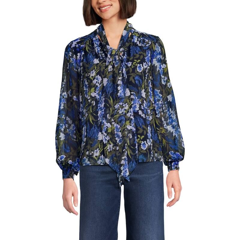 ランズエンド レディース トップス Tシャツ シフォン ブラウス Womens Lands End Chiffon Removable Tie Neck Blouse Navy Multi Floral ネイビー