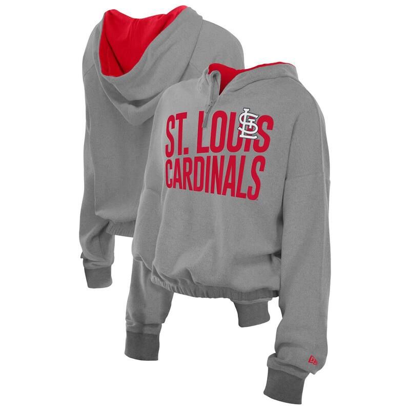 ニューエラ レディース トップス Tシャツ パイル パーカー Womens New Era Heather Gray St Louis Cardinals Reversed Out French Terry QuarterZip Banded Crop Hoo