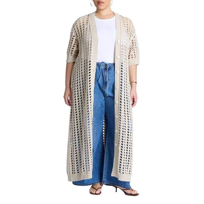 エロクイ レディース アウター ニット・セーター プラスサイズ カーディガン ELOQUII Womens Plusize Open Stitch Cardigan Duster Oyster Gray グレー