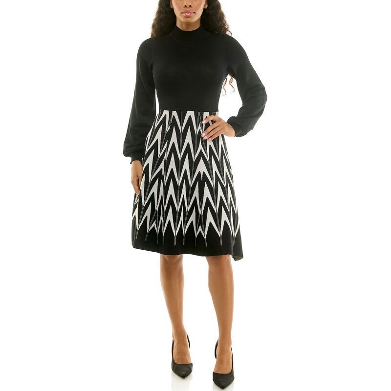 ニナレオナルド レディース トップス ワンピース モックネック セーター Womens Nina Leonard Mockneck Sweater Dress Black White ホワイト