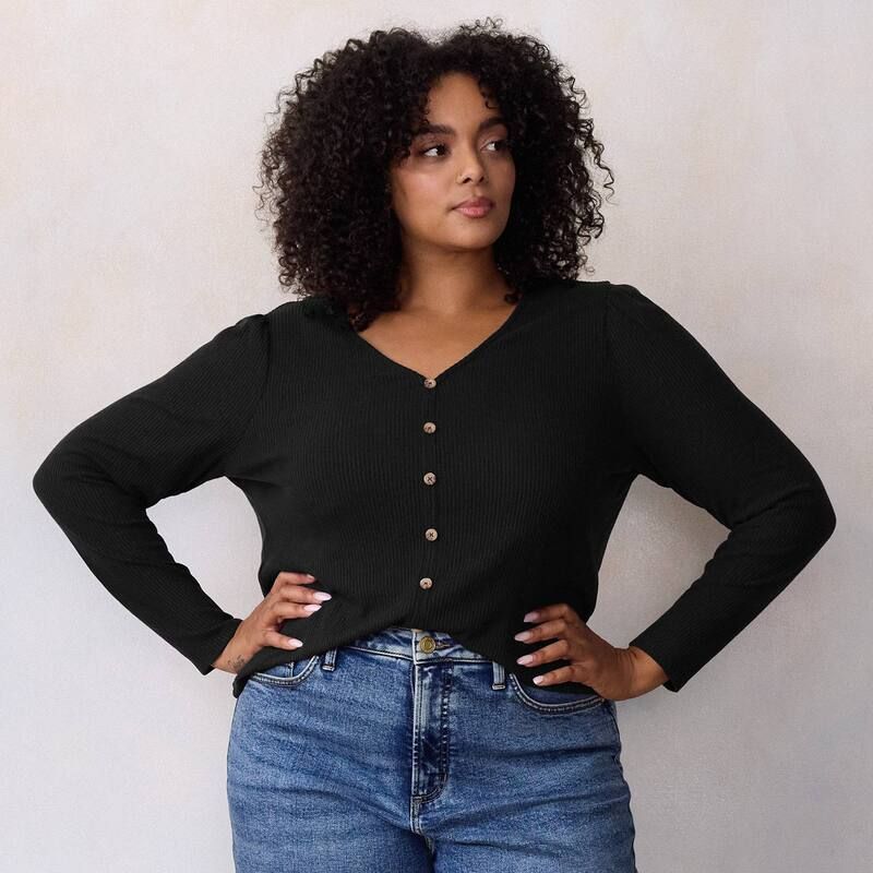 LC Lauren Conrad レディース トップス Tシャツ Vネック プラスサイズ カーディガン ニット Plusize LC Lauren Conrad Puff Sleeve VNecknit Cardigan Mineral Black ブラック