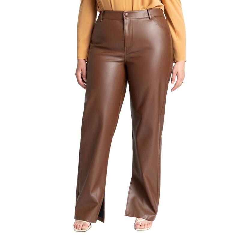 エロクイ レディース ボトムス カジュアルパンツ プラスサイズ レザー フェイクレザー ELOQUII Womens Plusize Slit Hem Faux Leather Pant Rocky Road