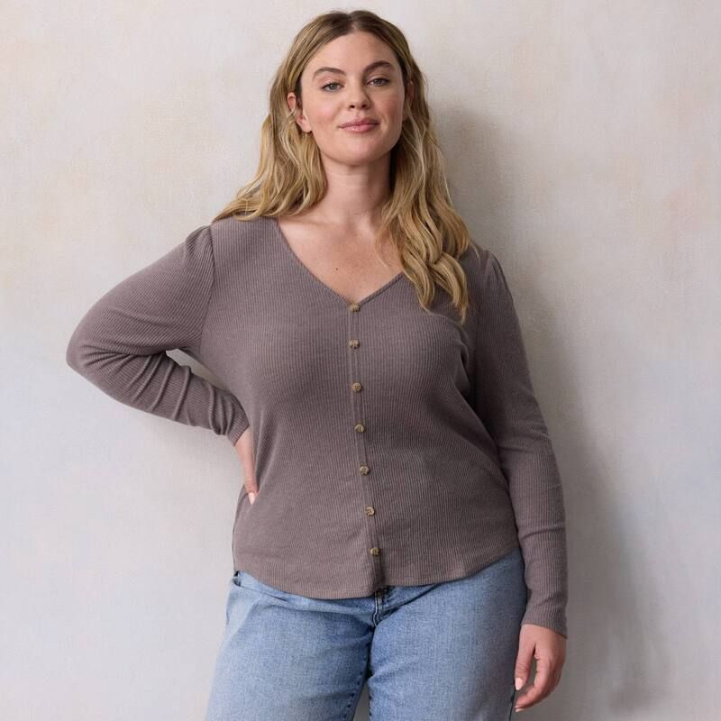 LC Lauren Conrad レディース トップス Tシャツ Vネック プラスサイズ カーディガン ニット Plusize LC Lauren Conrad Puff Sleeve VNecknit Cardigan Dark Ridge Heather