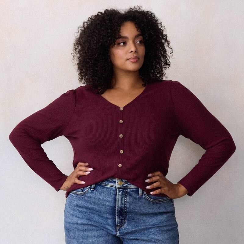 LC Lauren Conrad レディース トップス Tシャツ Vネック プラスサイズ カーディガン ニット Plusize LC Lauren Conrad Puff Sleeve VNecknit Cardigan Maddie Plum プラム