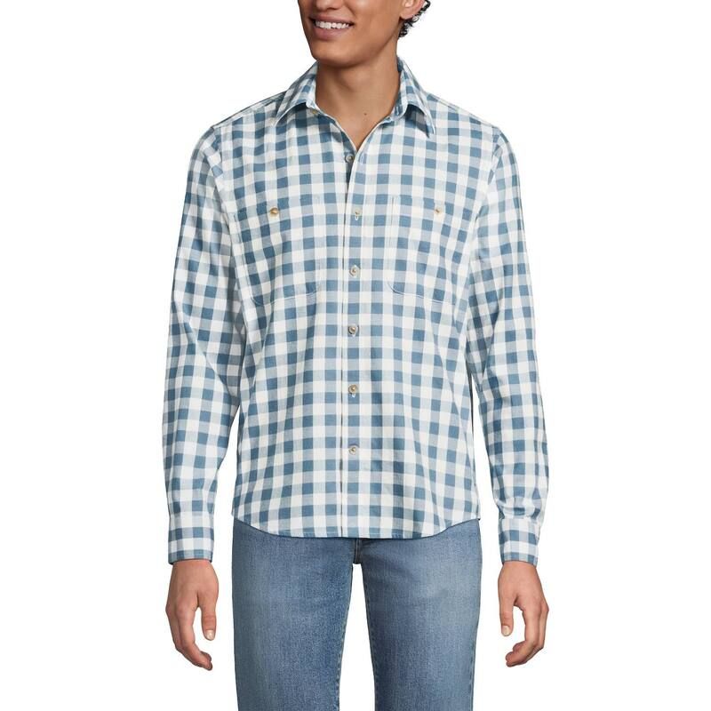 ランズエンド メンズ トップス Tシャツ Mens Lands End Coastal Flannel Shirt Peacock Ivory Check アイボリー