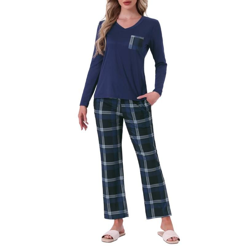 cheibear レディース アンダーウェア ナイトウェア cheibear Pajamaset for Women Long Sleeve Plaid Soft Pajamaset Lounge Sets with Pockets Blue ブルー