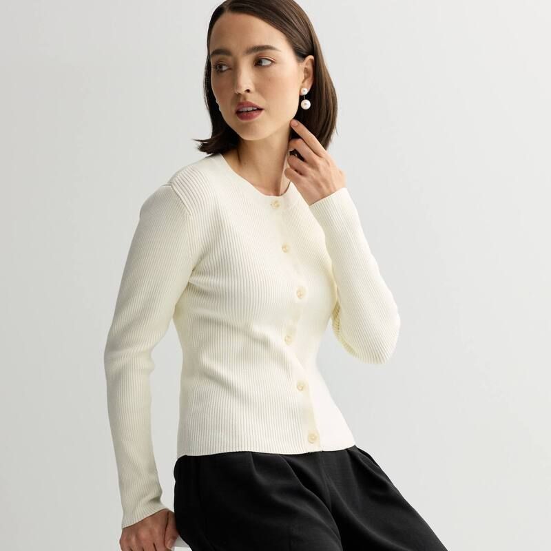 ナインウェスト レディース アウター ニット・セーター クルーネック カーディガン Womens Nine West Fitted Rib Crew Neck Sculpt Cardigan Daisy Dew