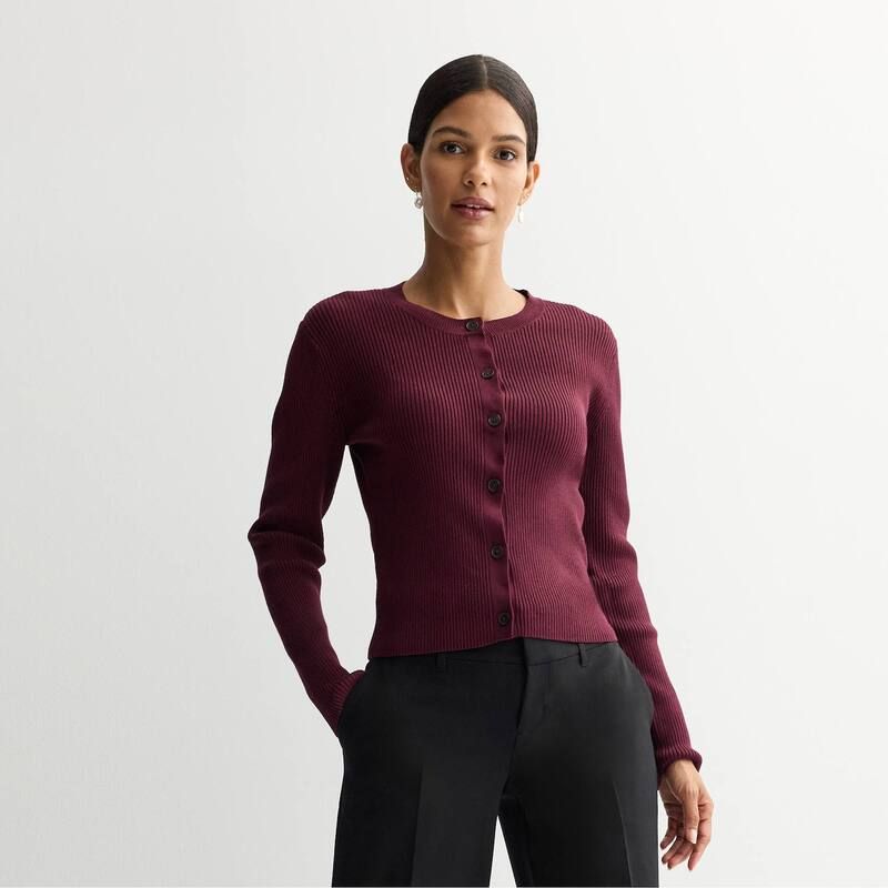 ナインウェスト レディース アウター ニット・セーター クルーネック カーディガン Womens Nine West Fitted Rib Crew Neck Sculpt Cardigan Maddie Plum プラム