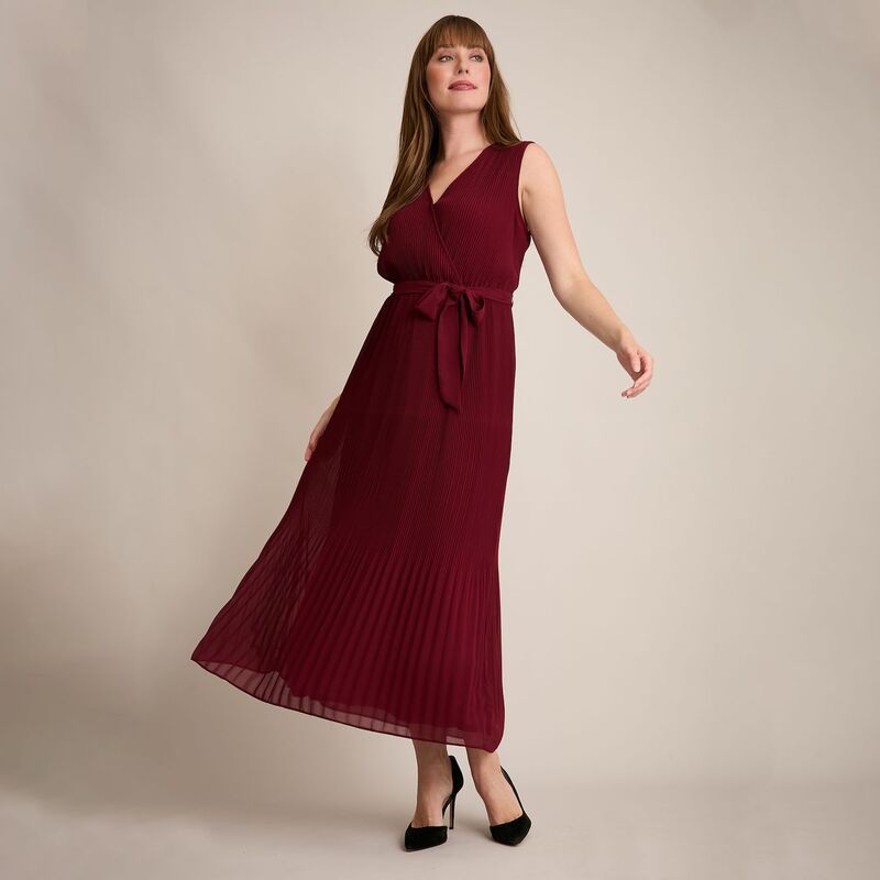 ロンドンタイムス レディース トップス ワンピース プリーツ ノースリーブ マキシ Womens London Timesleeveless Pleated Surplice Maxi Dress with Sash Wine ワイン