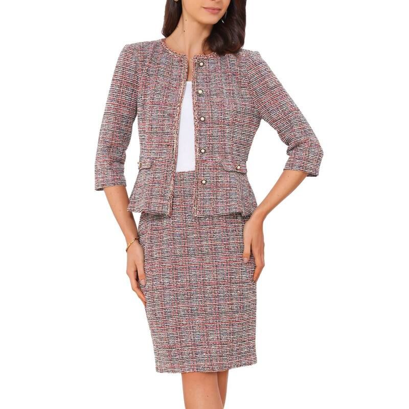 アレグラ ケー レディース アウター ジャケット・ブルゾン ボタンダウン ツイード スカート ダウン ALLEGRA K Womens 2 Piece Tweed Businessuit Button Down 34 Sleeve Jacket Pencil