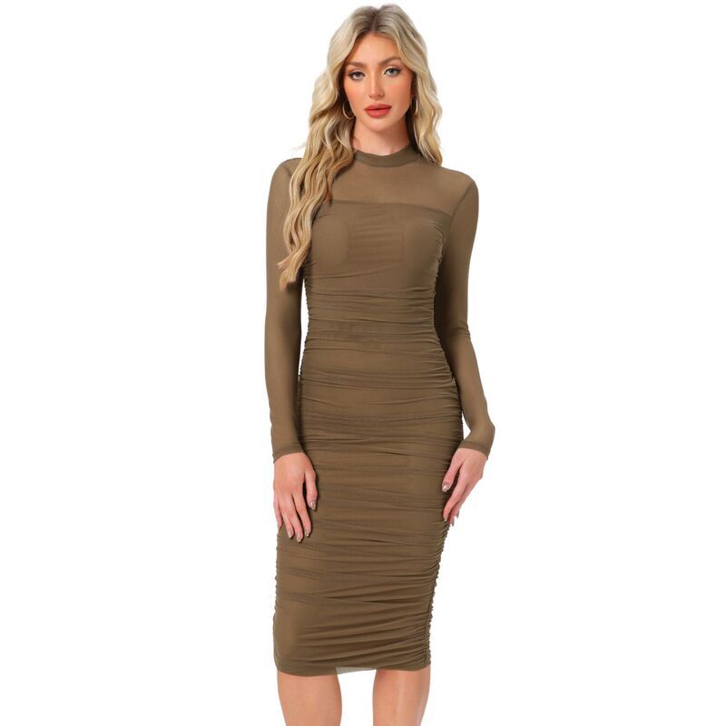 アレグラ ケー レディース トップス ワンピース モックネック メッシュ ALLEGRA K Mesh Dress for Womens Mock Neck Long Sleeve Ruch Elegant Cocktail Bodycon Dresses C